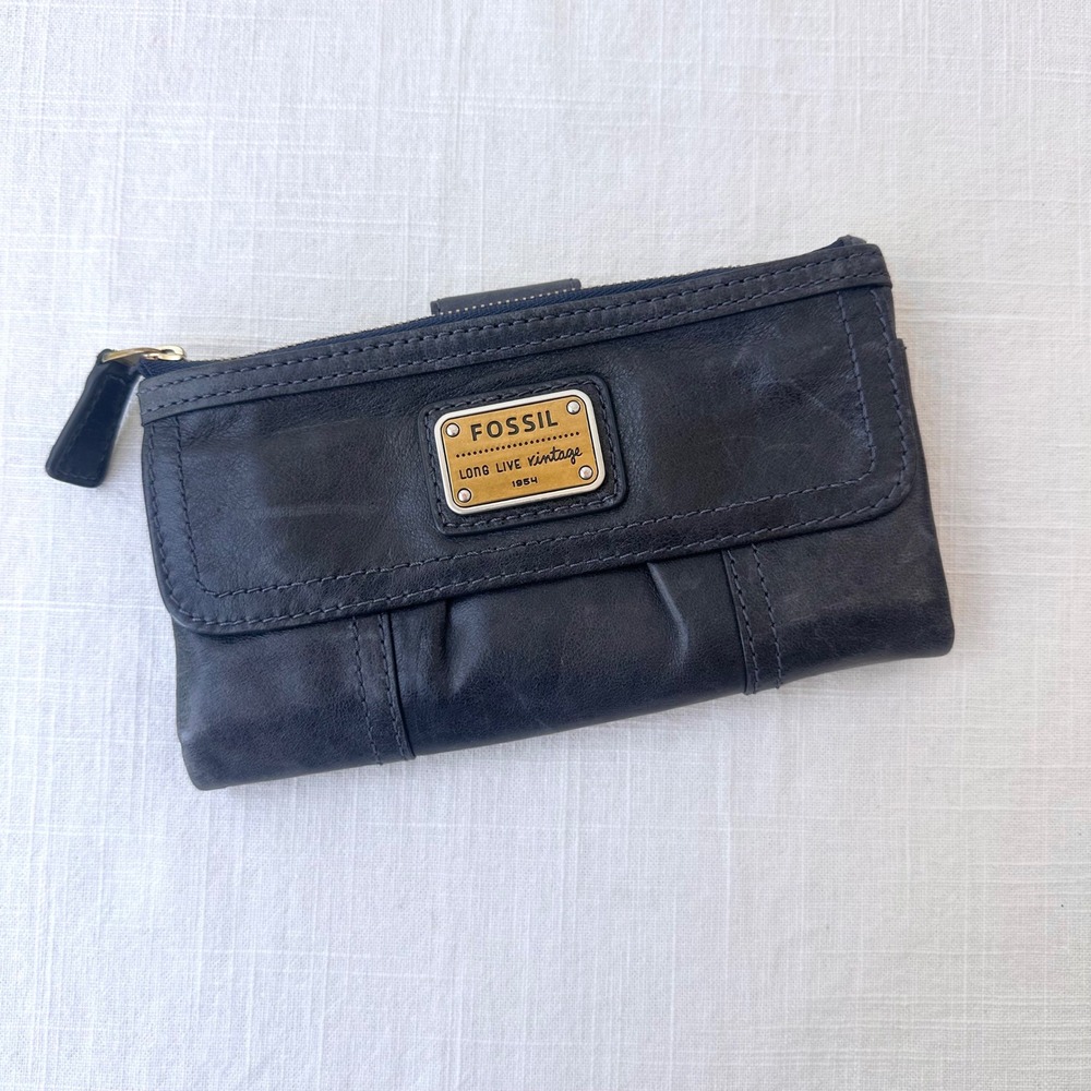 Fossil Long Live Vintage Lamb Hide Leather  Wallet Navy Blue Y2K‎ Brass
